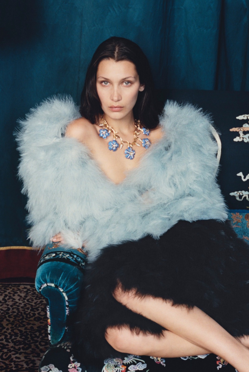 Bella Hadid wears a bold fur look from Armani Prive