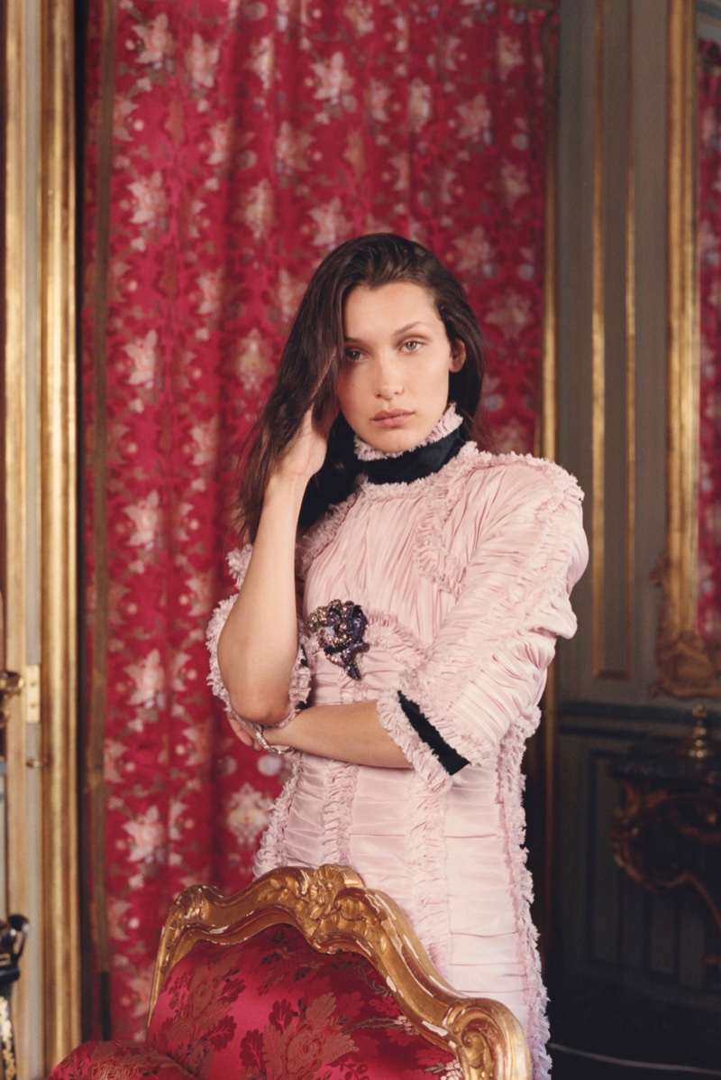 Bella Hadid embraces pleats with a high-necked dress from Chanel Haute Couture