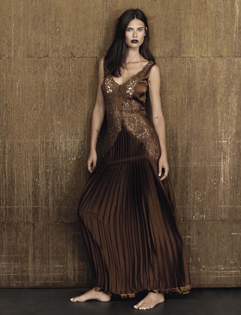 Bianca Balti poses in Stella McCartney slip dress with lace and pleats