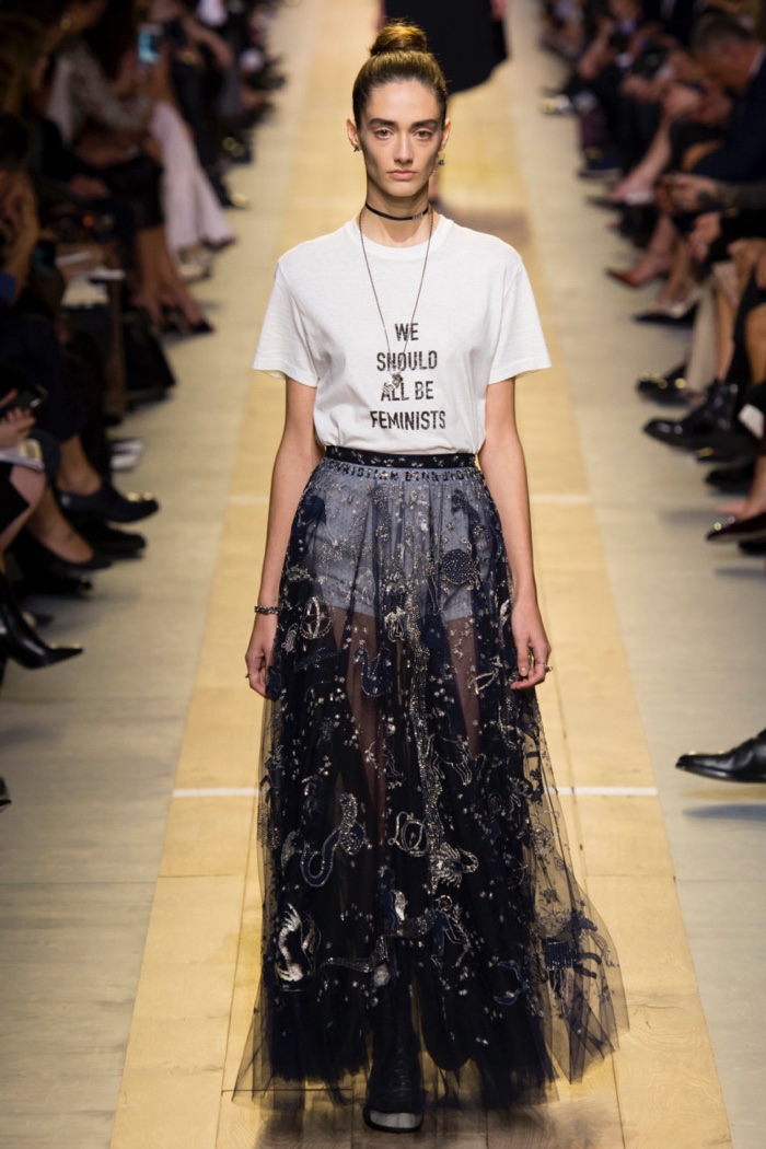 Dior Spring 2017: Model walks the runway in ‘We Should All Be Feminist’ shirt and embroidered maxi skirt
