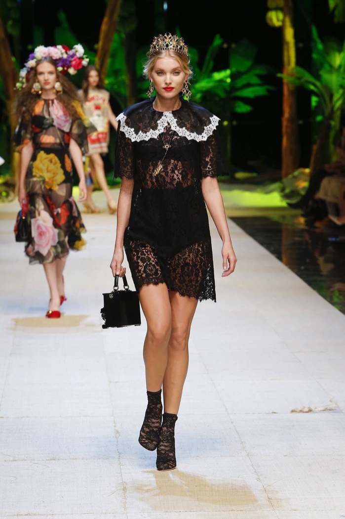 Dolce & Gabbana Spring 2017: Elsa Hosk walks the runway in black lace dress with white trim