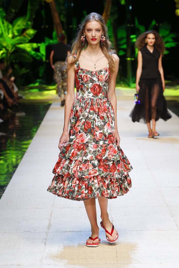 Dolce & Gabbana Spring 2017: Model walks the runway in floral print dress with ruffle tiered skirt