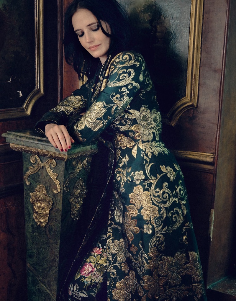 Actress Eva Green wears rich brocades with Dolce & Gabbana coat and Gucci pants