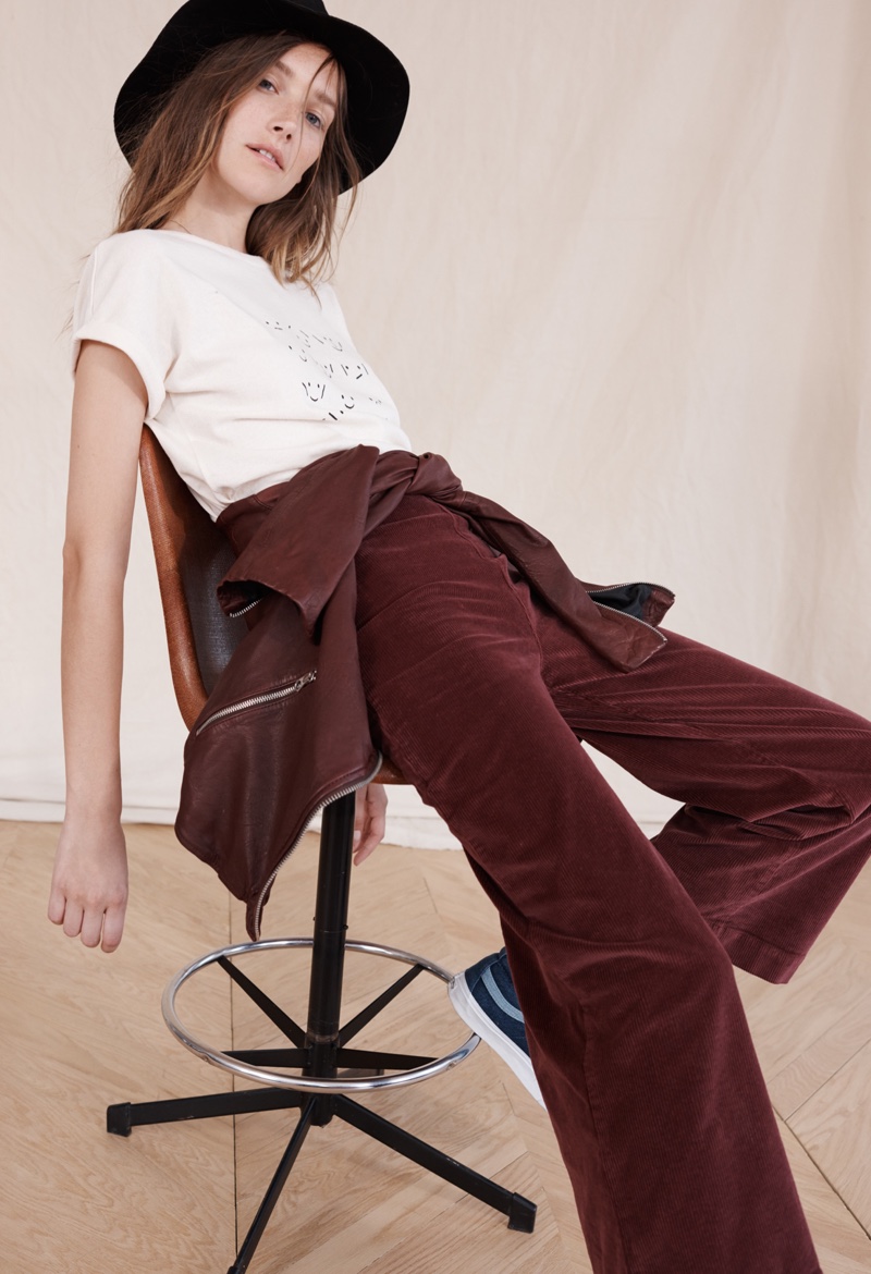 Madewell x Biltmore® Felt Fedora, Madewell Wide-Leg Pant, The Faces Graphic Tee and Washed Leather Motorcycle Jacket