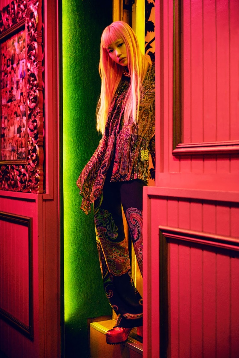 Fernanda Ly sports an Etro paisley print top and pants with platform heels from Emma Mulholland