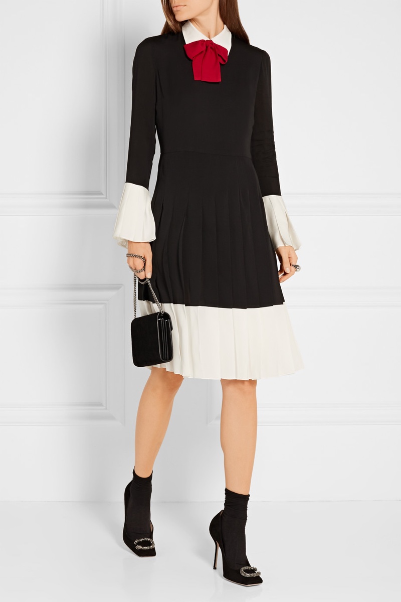 Gucci Pussy Bow Pleated Silk Crepe de Chine Dress