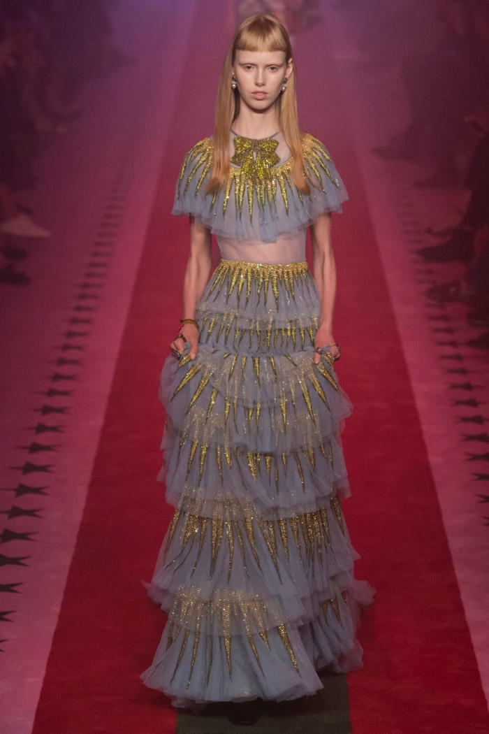 Gucci Spring 2017: Model walks the runway in sky blue tulle gown with yellow sequin embroidery