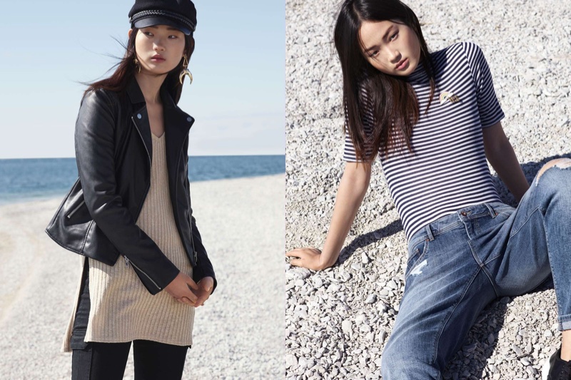 (Left) H&M Captain’s Hat, Biker Jacket and Knit Sweater with Side Slits (Right) H&M Ribbed Bodysuit and Boyfriend Low Trashed Jeans