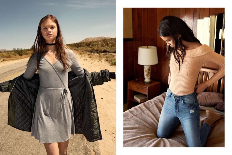 (Left) H&M Long Bomber Jacket and Wrap-Front Dress (Right) H&M Off-the-Shoulder Top and Skinny High Ankle Jeans