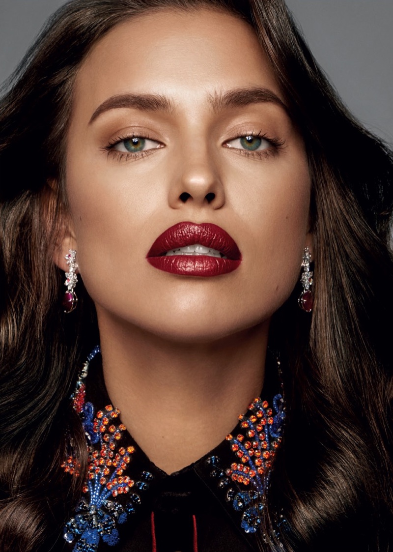 Irina Shayk wears glossy dark red lip shade