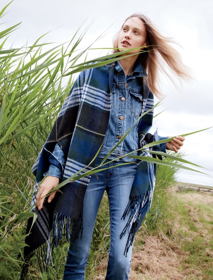 J. Crew Denim Jacket in Tyler Wash, Lookout High-Rise Jean in Chandler Wash and Plaid Cape-Scarf
