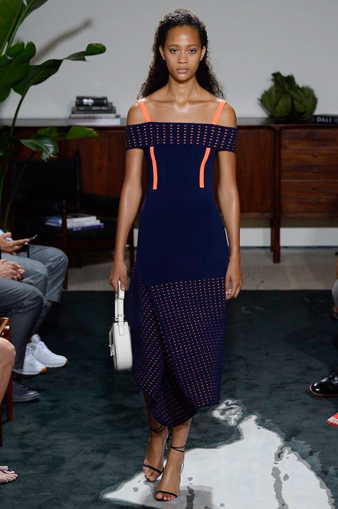 Jason Wu Spring 2017: Selena Forrest walks the runway in off-the-shoulder wool dress