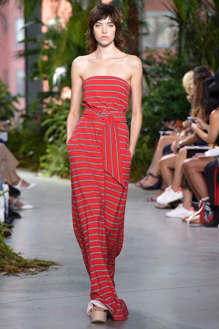 Lacoste Fall 2016: Grace Hartzel walks the runway in strapless red striped maxi dress with platform sandals