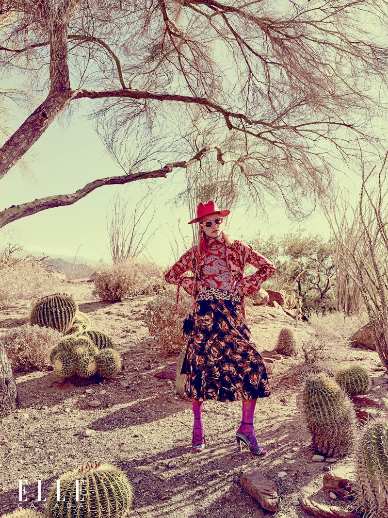 Posing in the desert, Laura Schellenberg embraces playful print combinations