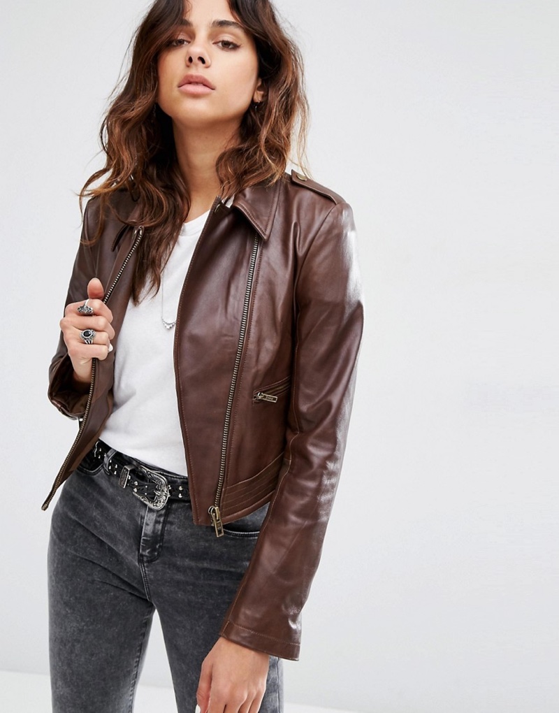 ASOS Leather Biker Jacket in Classic Fit with Stitch Detail