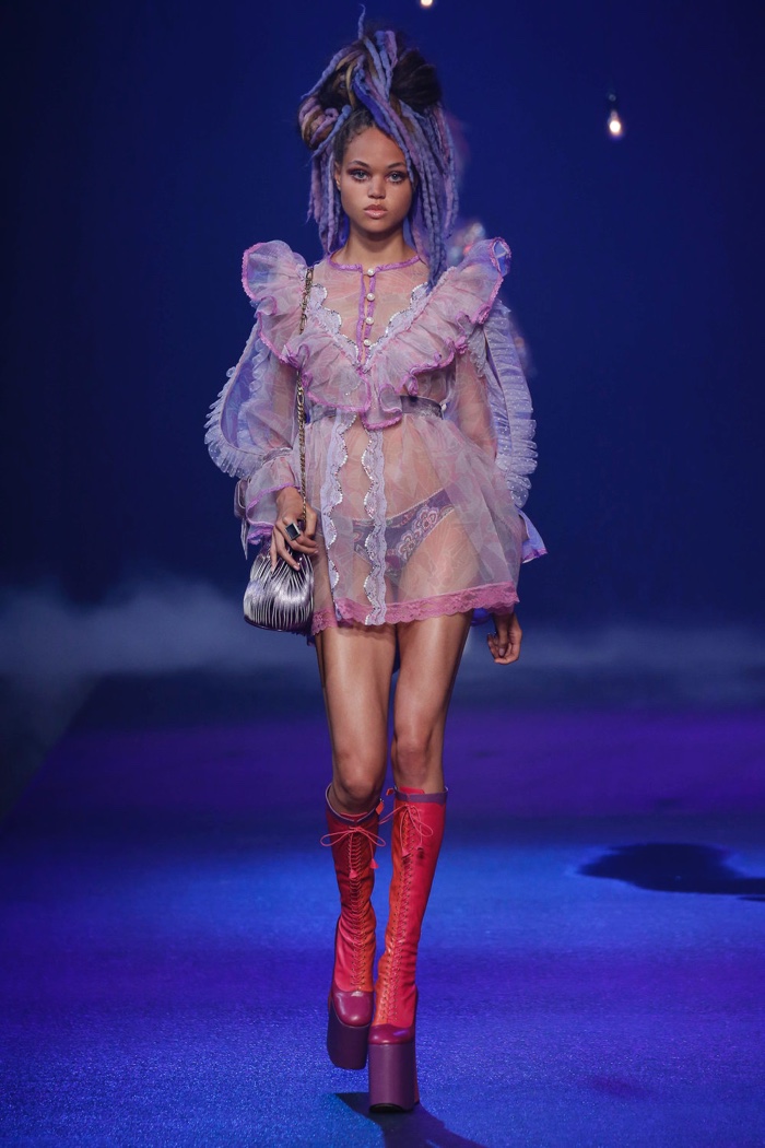 Marc Jacobs Spring 2017: Dilia Martens walks the runway in sheer babydoll dress with ruffles with platform boots