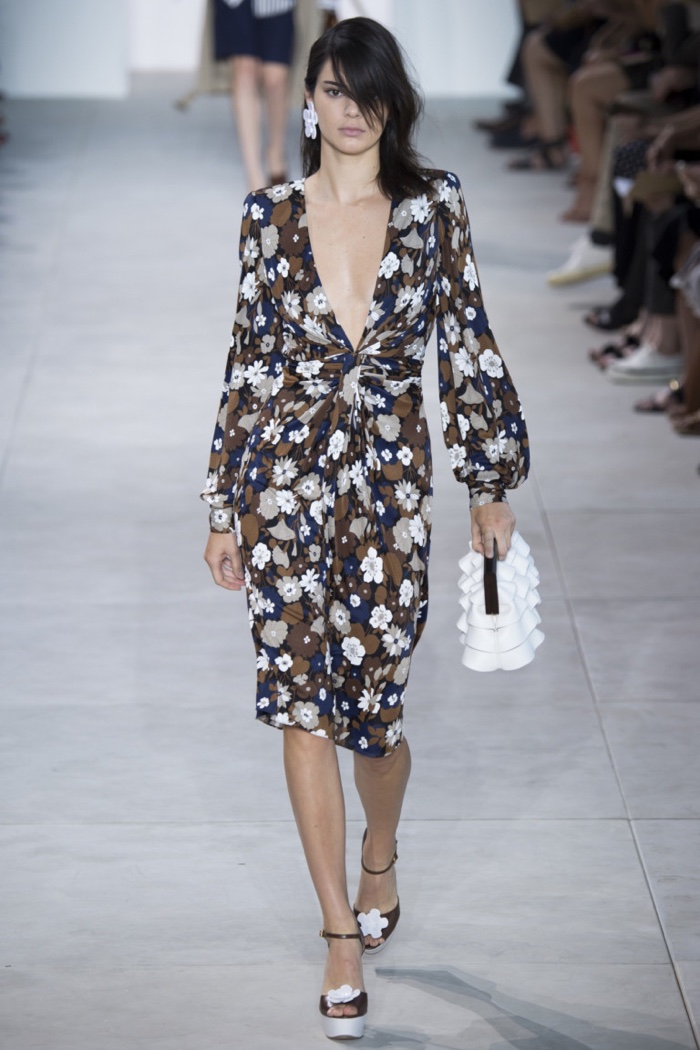 Michael Kors Spring 2017: Kendall Jenner walks the runway in plunging v-neck floral print dress