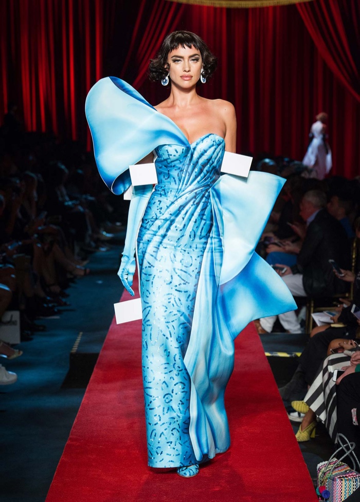 Moschino Spring 2017: Irina Shayk walks the runway in blue gown with draping detail
