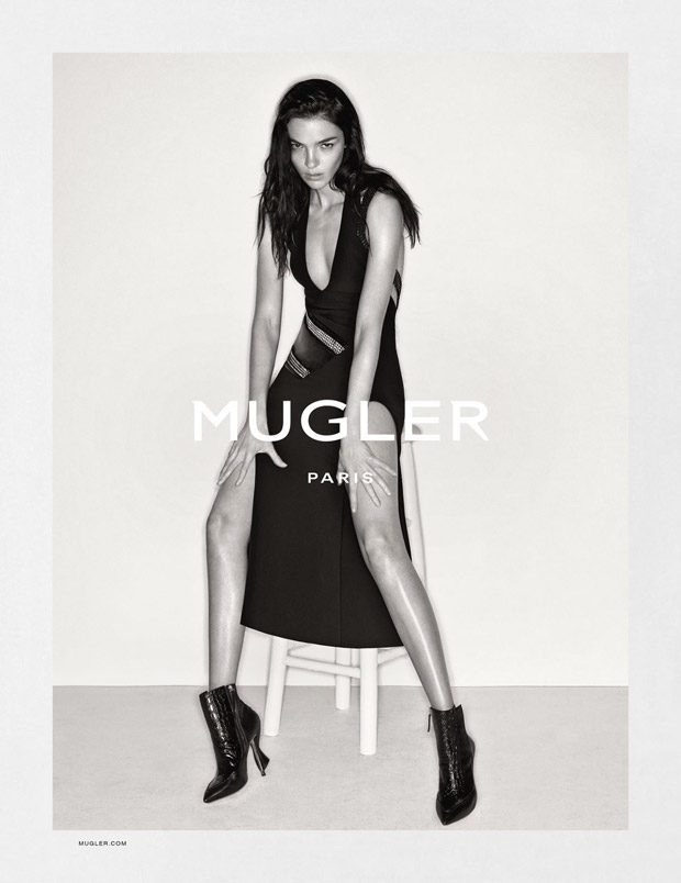 Mariacarla Boscono flaunts some leg in asymmetrical dress for Mugler's fall-winter 2016 campaign