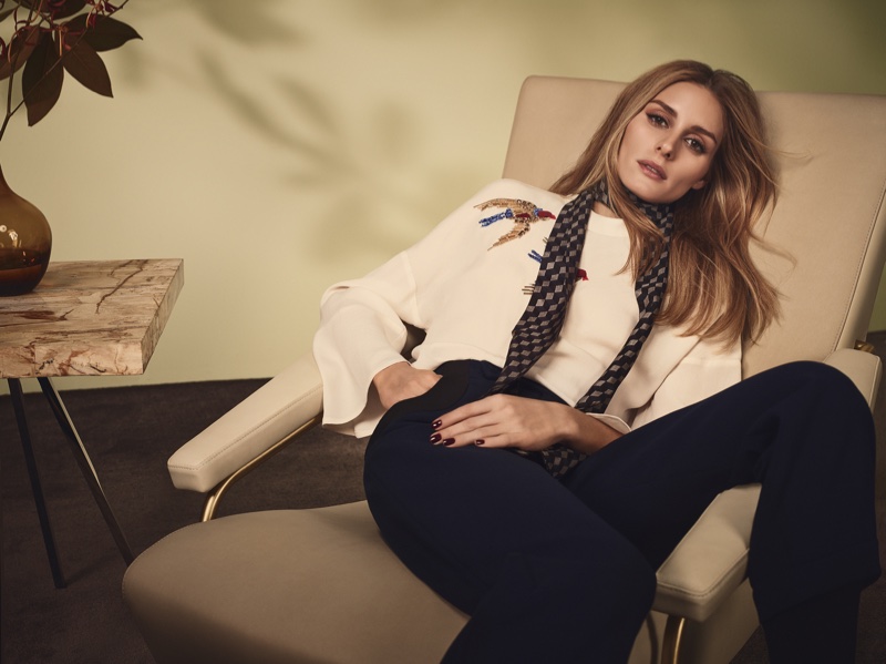 Olivia Palermo wears white blouse, skinny scarf and trousers from MAX&Co.