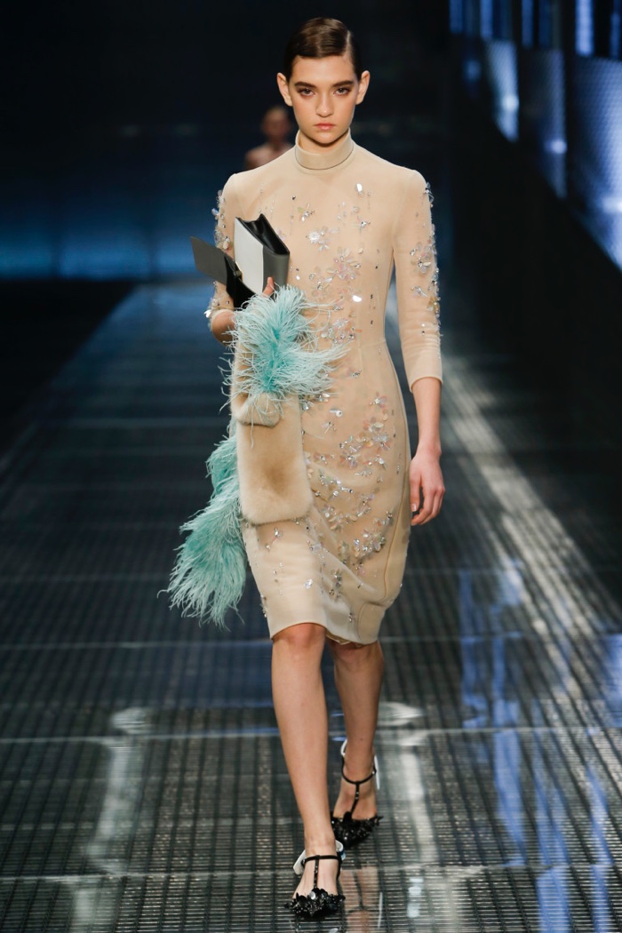 Prada Spring 2017: Model walks the runway in crystal embellished dress with high neckline