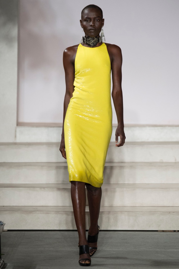 Ralph Lauren Fall 2016: Grace Bol walks the runway in yellow sequin dress