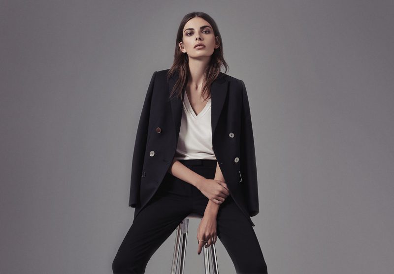 Reiss Tahlia Double-Breasted Black Jacket, Willa Linen-Mix T-Shirt, and Portman Straight-Leg Trousers.