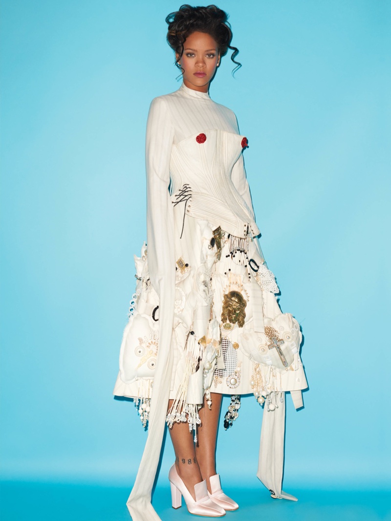 Rihanna poses in Dilara Findikoglu dress and corset with Giuseppe Zanotti shoes