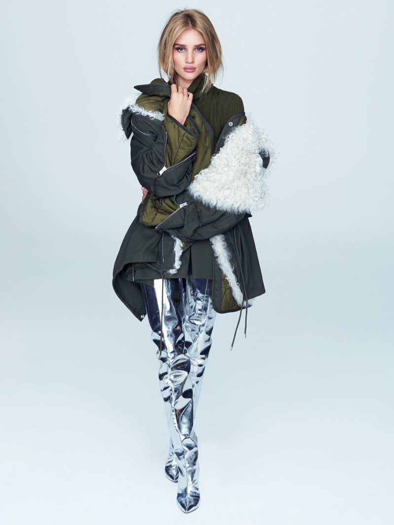 Model Rosie Huntington-Whiteley wears Balenciaga coat and silver boots