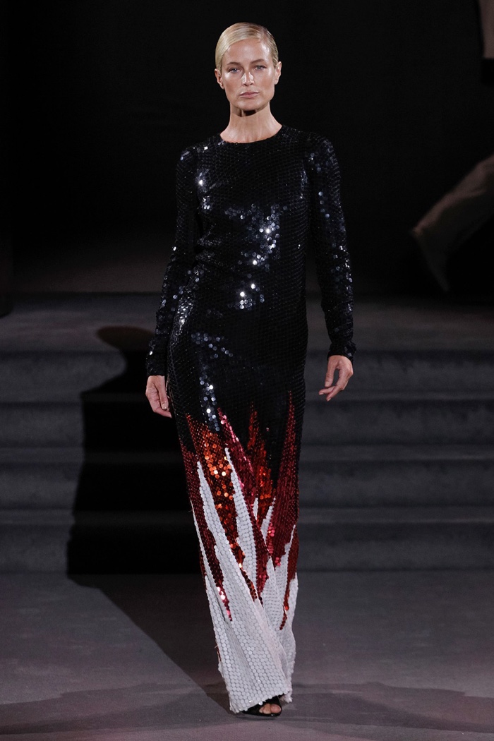 Tom Ford Fall 2016: Carolyn Murphy walks the runway in multi-colored sequin embellished gown