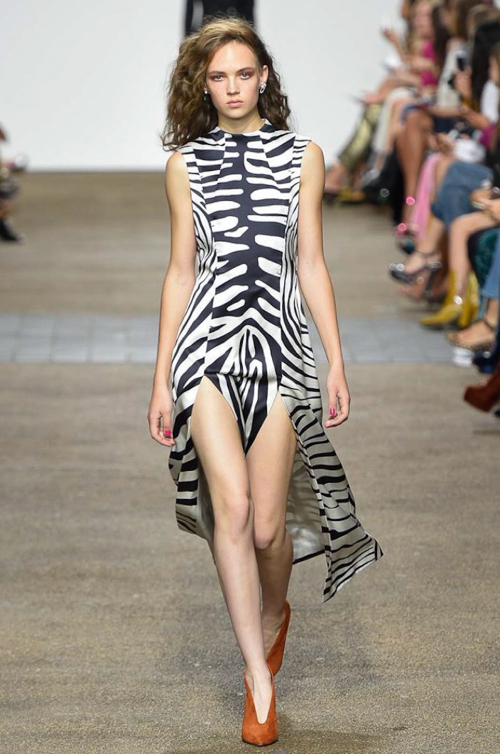 Topshop Unique Spring 2017: Adrienne Jüliger walks the runway in zebra print dress with side slits