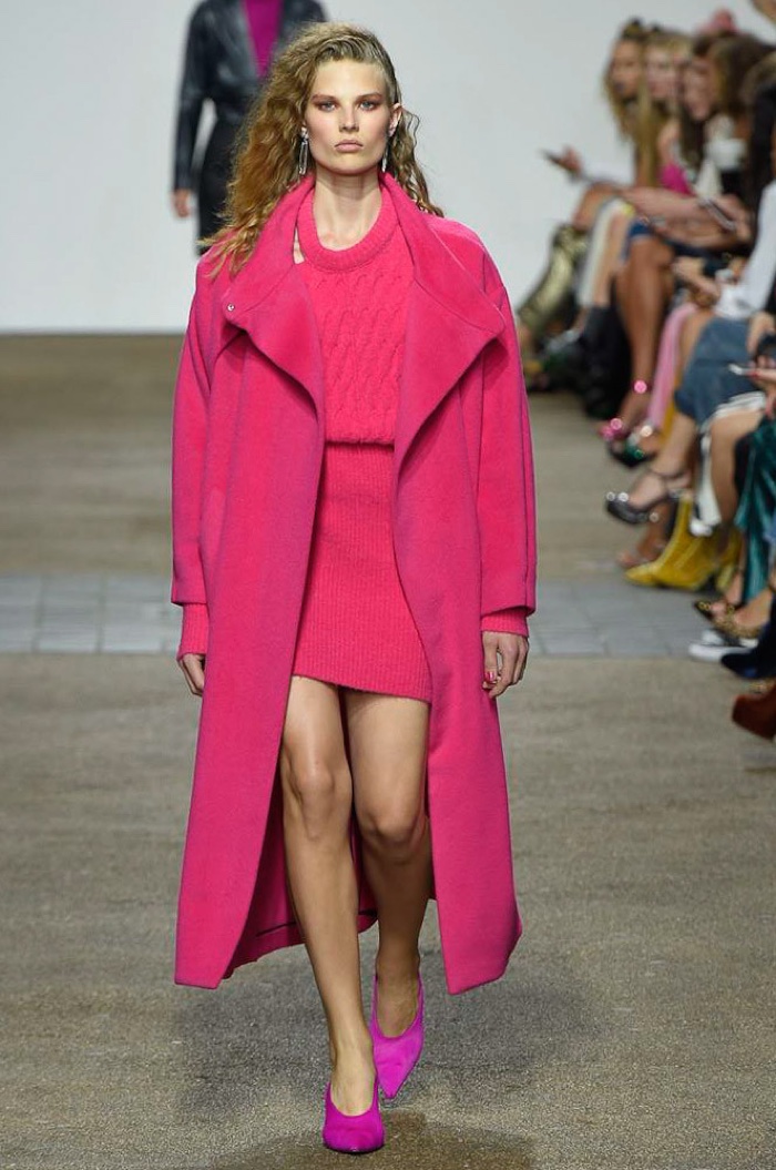 Topshop Unique Spring 2017: Adela Stenberg walks the runway in hot pink coat, sweater and knit miniskirt