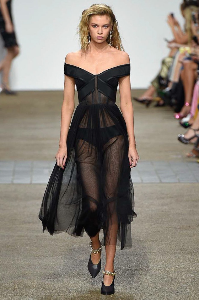 Topshop Unique Spring 2017: Stella Maxwell walks the runway in off-the-shoulder dress with sheer fabric