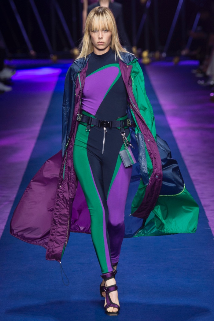 Versace Spring 2017: Edie Campbell walks the runway in nylon jacket with slim-fit top and pants