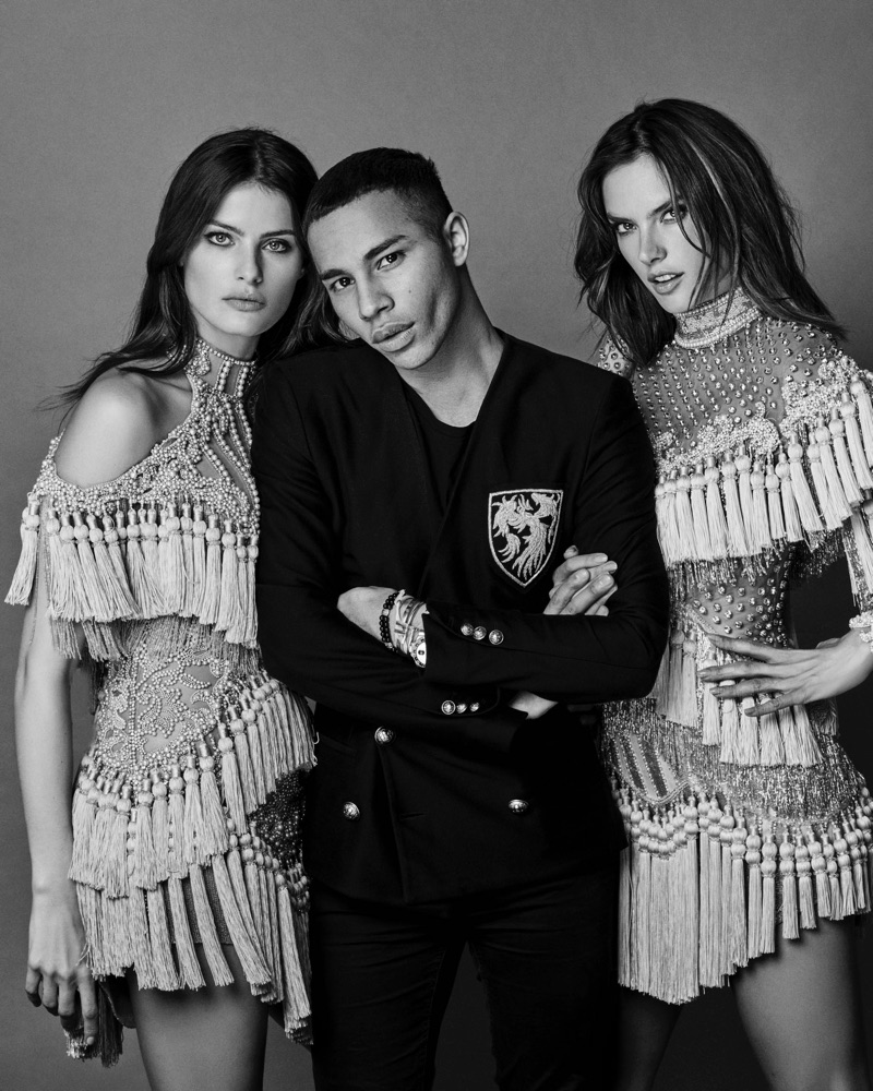 Olivier Rousteing pictured with models Isabeli Fontana and Alessandra Ambrosio.