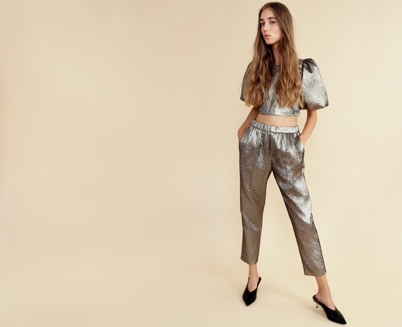 Zara Shiny Top with Full Sleeves, Shiny Jacquard Trousers and Stiletto Heel Mules