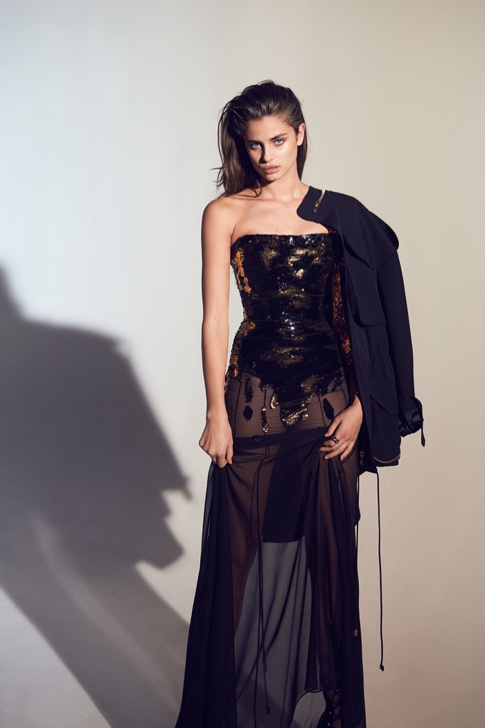 Alexandre Vauthier Spring 2017: Taylor Hill models sheer dress with sequined bodice