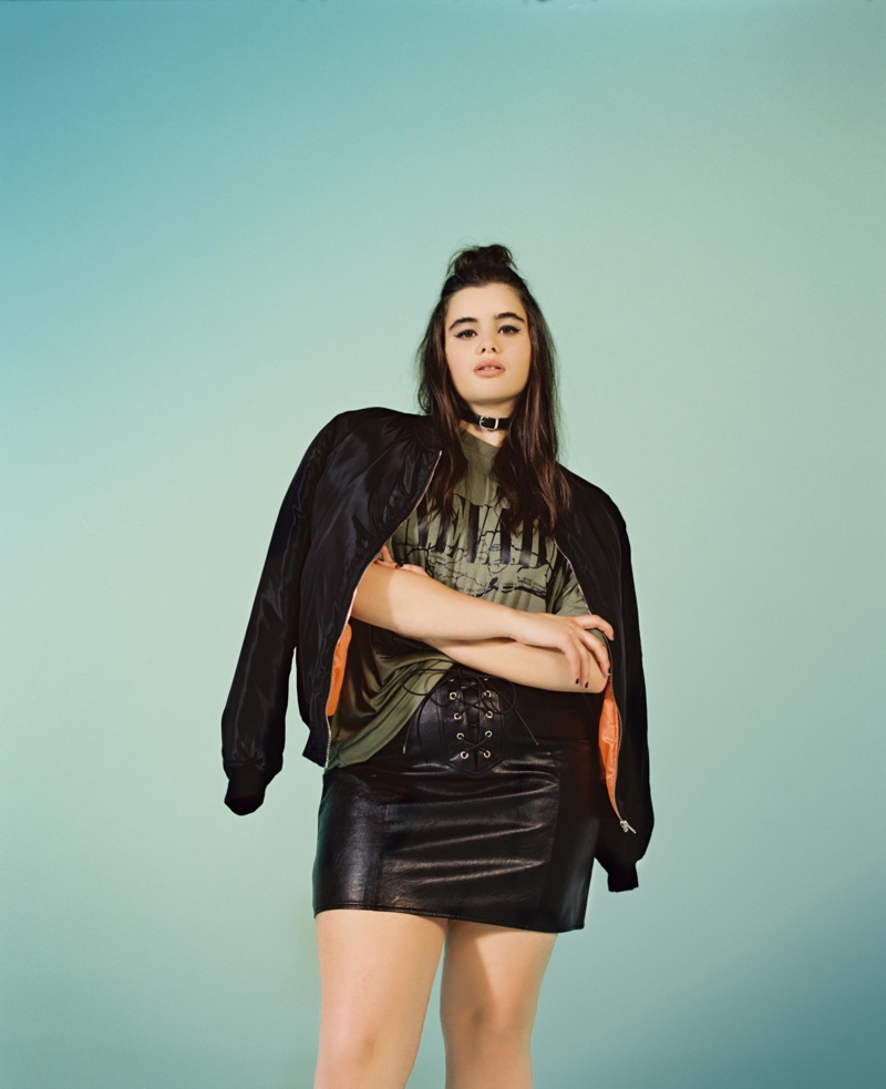 Plus sized model Barbie Ferreira has some attitude in Missguided+ bomber jacket, t-shirt and faux leather skirt
