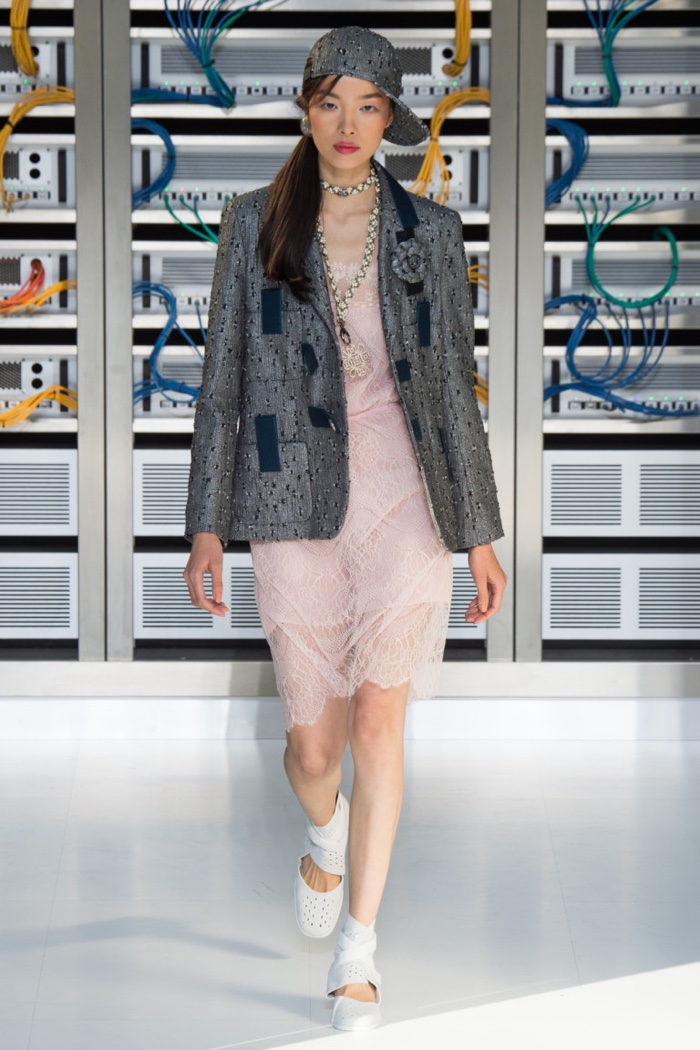 Chanel Spring 2017: Fei Fei Sun walks the runway in embellished blazer over pink lace dress
