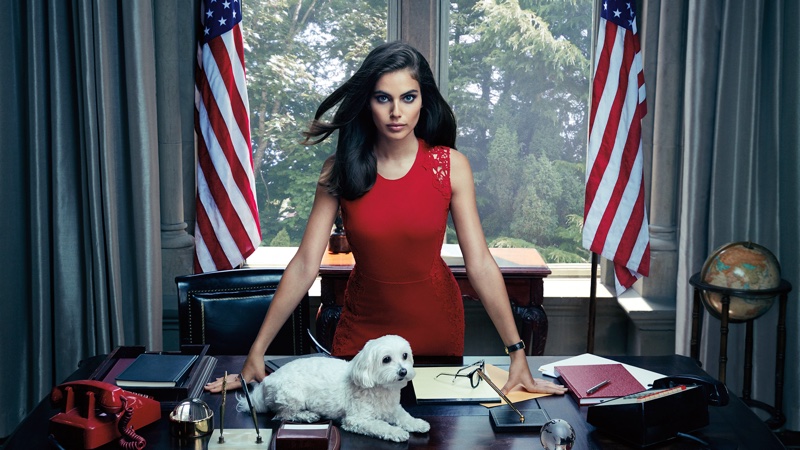 Playing a fashionable female President, Shlomit Malka wears a red lace dress from Elie Tahari