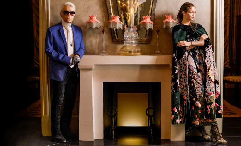 Karl Lagerfeld poses with Gigi Hadid in the November issue of Harper's Bazaar