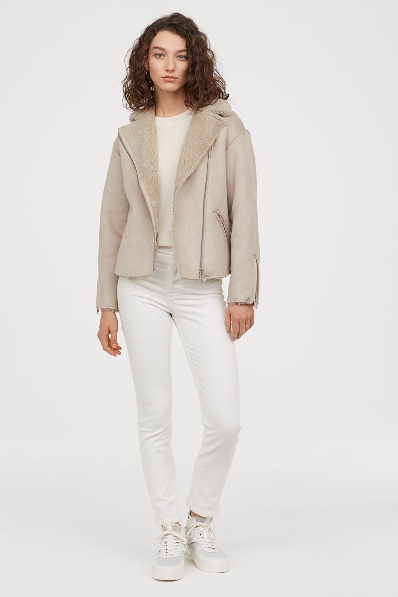 H&M Biker Jacket with Faux Shearling in Light Taupe $49.99