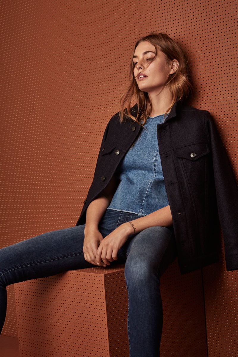 Nadja Bender wears H&M Conscious Wool-Blend Jacket, Sleeveless Denim Top and Shaping Skinny High Jeans