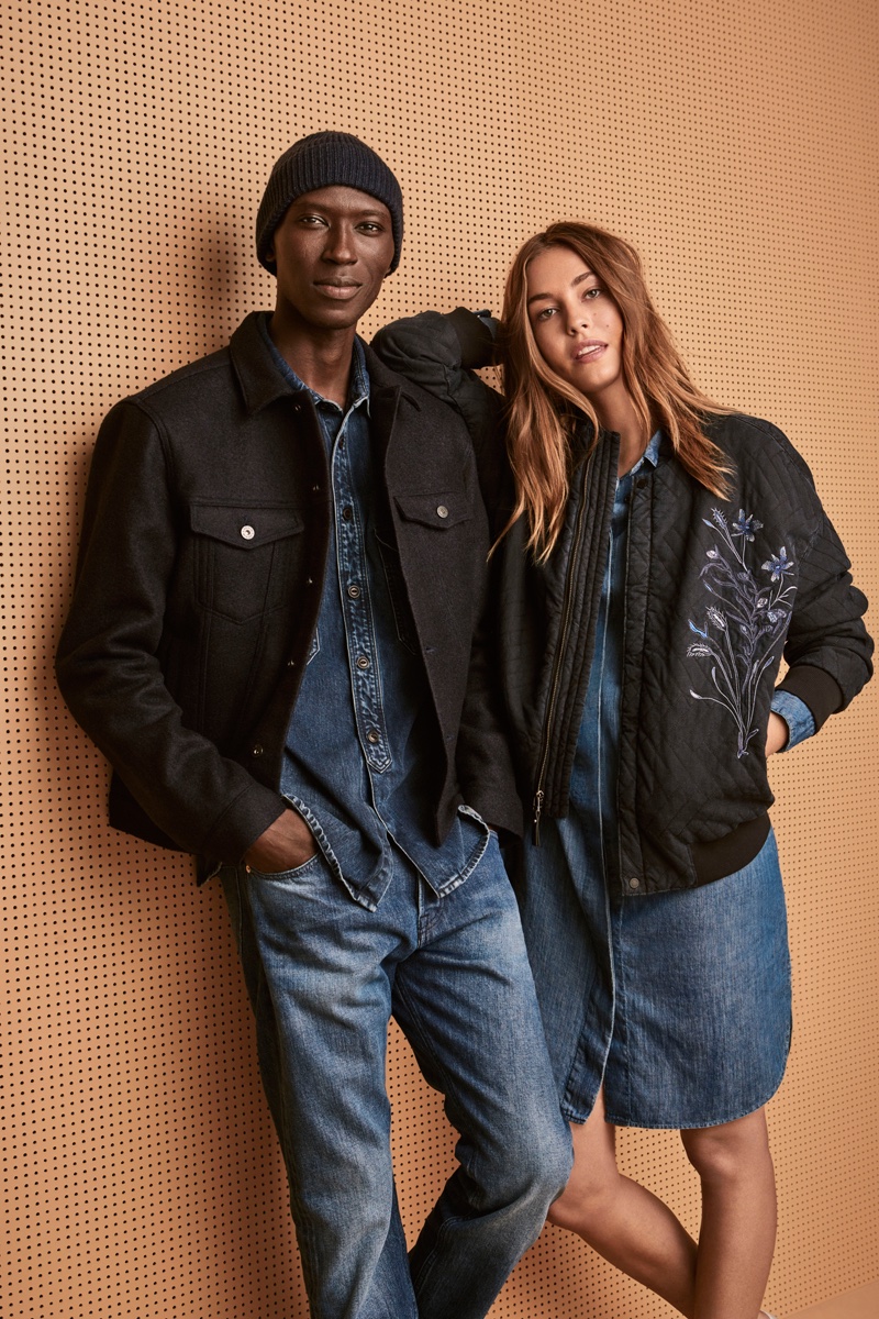 Nadja Bender wears H&M Conscious Quilted Lyocell Bomber Jacket and Oversized Denim Shirt