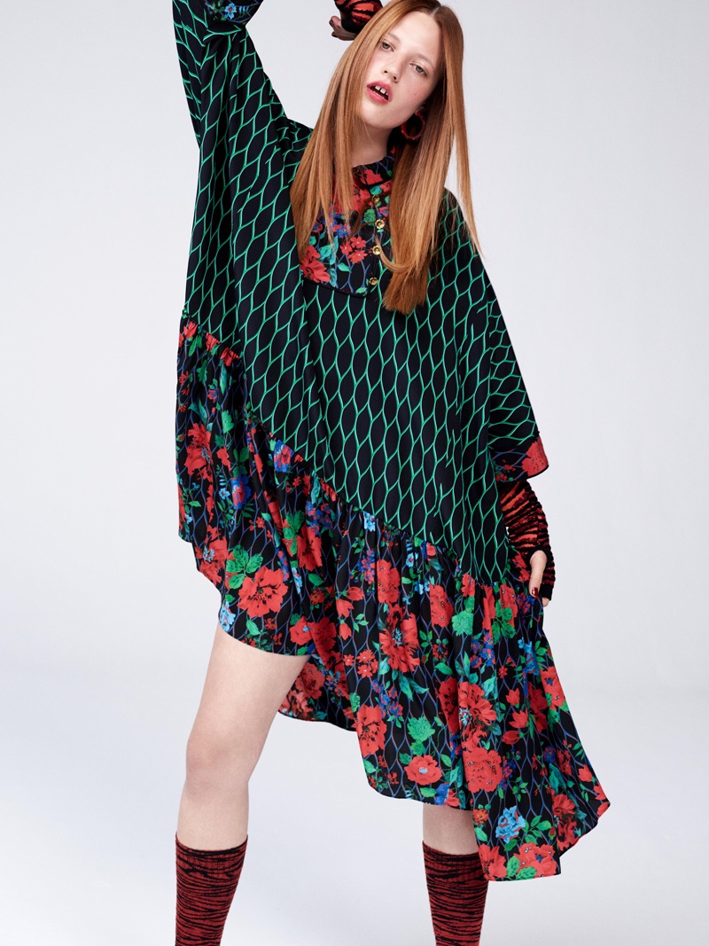 Kenzo x H&M Lookbook: Multi-pattern dress with tiger print socks