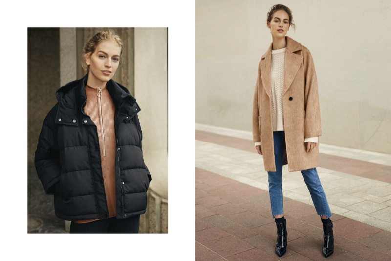 (Left) H&M Padded Jacket, Mock Turtleneck Sweater and Jersey Leggings (Right) H&M Wool-Blend Coat, Knit Sweater, Straight High Jeans and Patent Ankle Boots