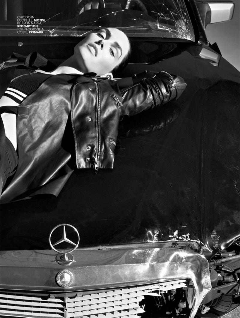 Photographed by Nagi Sakai, Hilary Rhoda poses in sleek outerwear for the feature