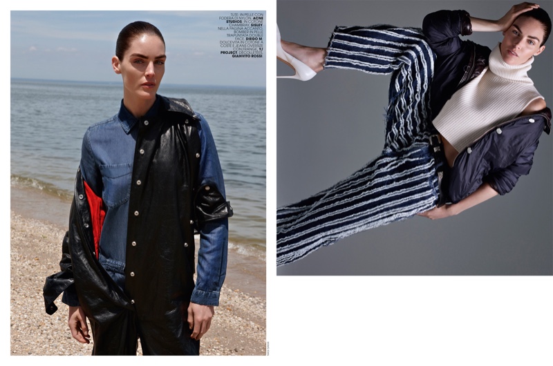 (On the left) Model Hilary Rhoda wears an Acne leather jumpsuit with denim chambray shirt from Sisley (On the right) The model poses in Diego M. bomber jacket with top and pants from Y/Project