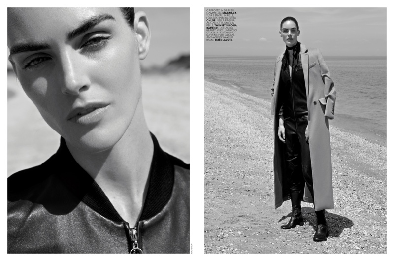 (Left) Hilary Rhoda gets her closeup in Twinset bomber jacket (Right) The model wears a MaxMara coat over Chloe leather jumpsuit