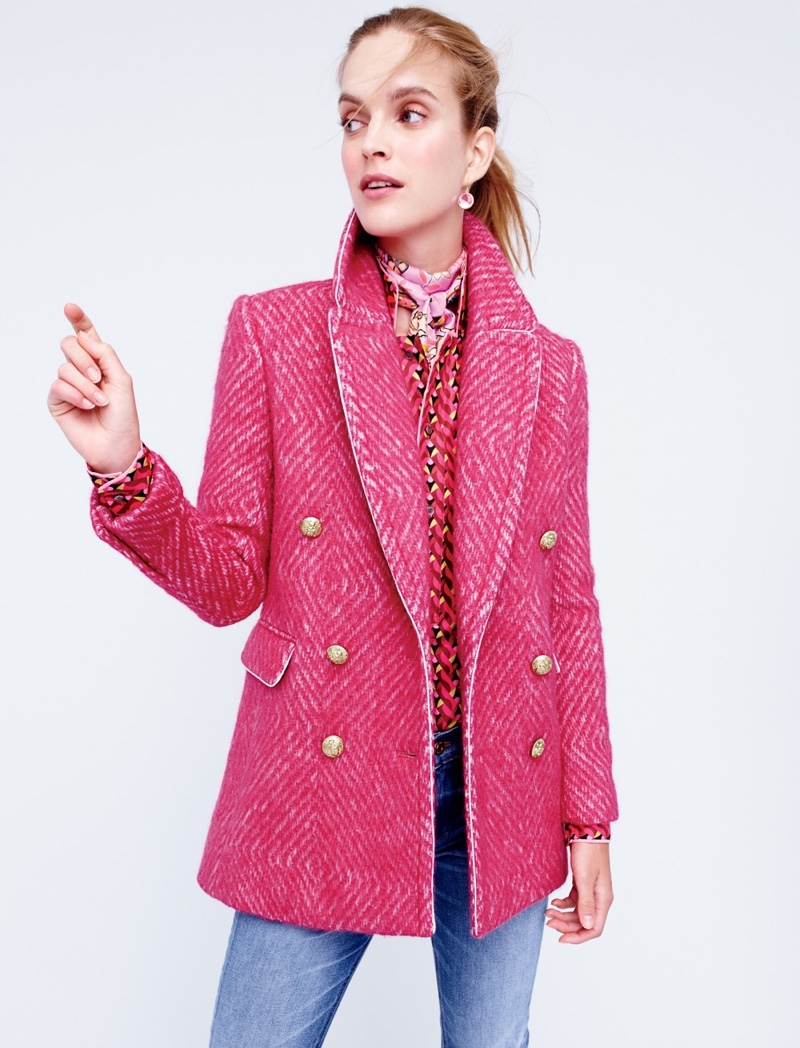 J. Crew Diamond Tweed Coat in Sorbet Ivory, Collection Pajama Top in Ratti Hibiscus Herringbone Print, Drakes for J. Crew Square Silk Scarf and Matchstick Jean in Stockdale Wash